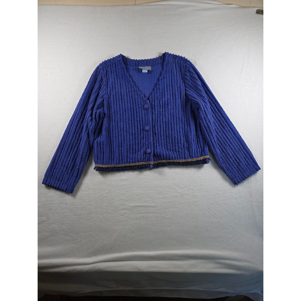 Vintage Cardigan Beaded Fringe Ribbed Cropped M Blue 90s Boho Chenille Jacket